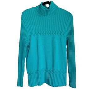 Vintage Women's Coldwater Creek Cotton Green Turtleneck Sweater Size L 14-16